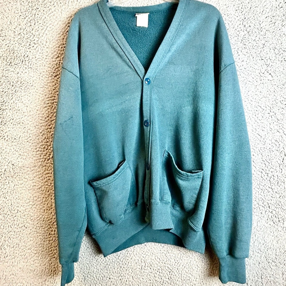 Vintage Jerzees Cardigan Sweater Mens Size XL Green Made In USA 90s Pockets